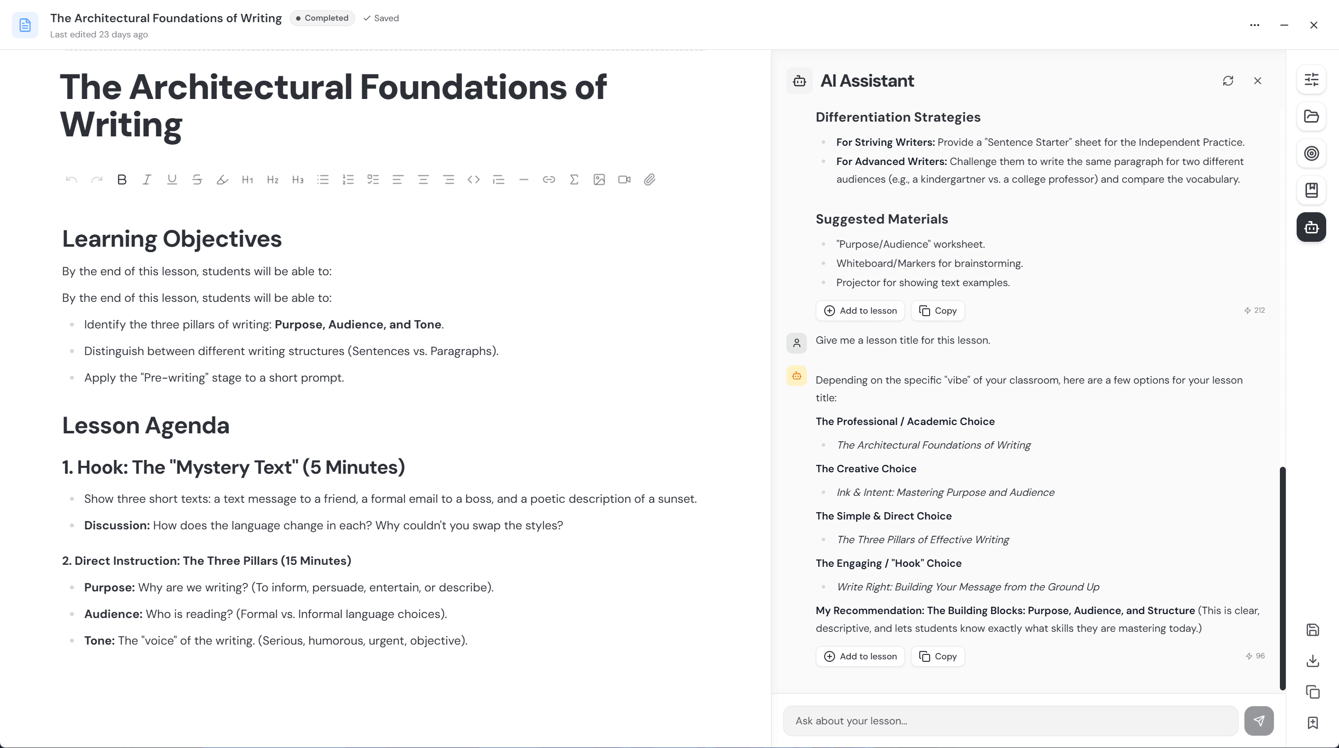 EMStudio AI lesson plan generator drafting a lesson from the chat sidebar inside the lesson editor