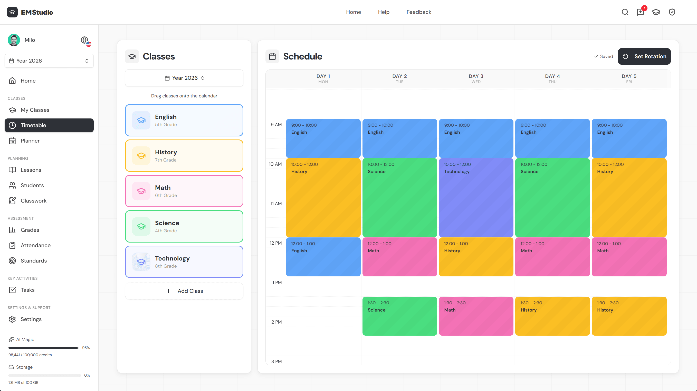 EMStudio classroom management application showing multi-section class rosters and a rotation timetable