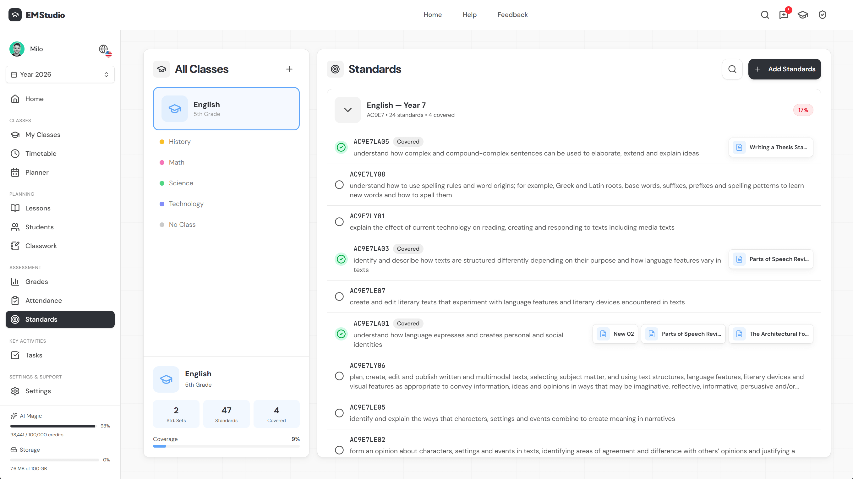 EMStudio curriculum planner with a year-at-a-glance map, units sidebar, and standards coverage view