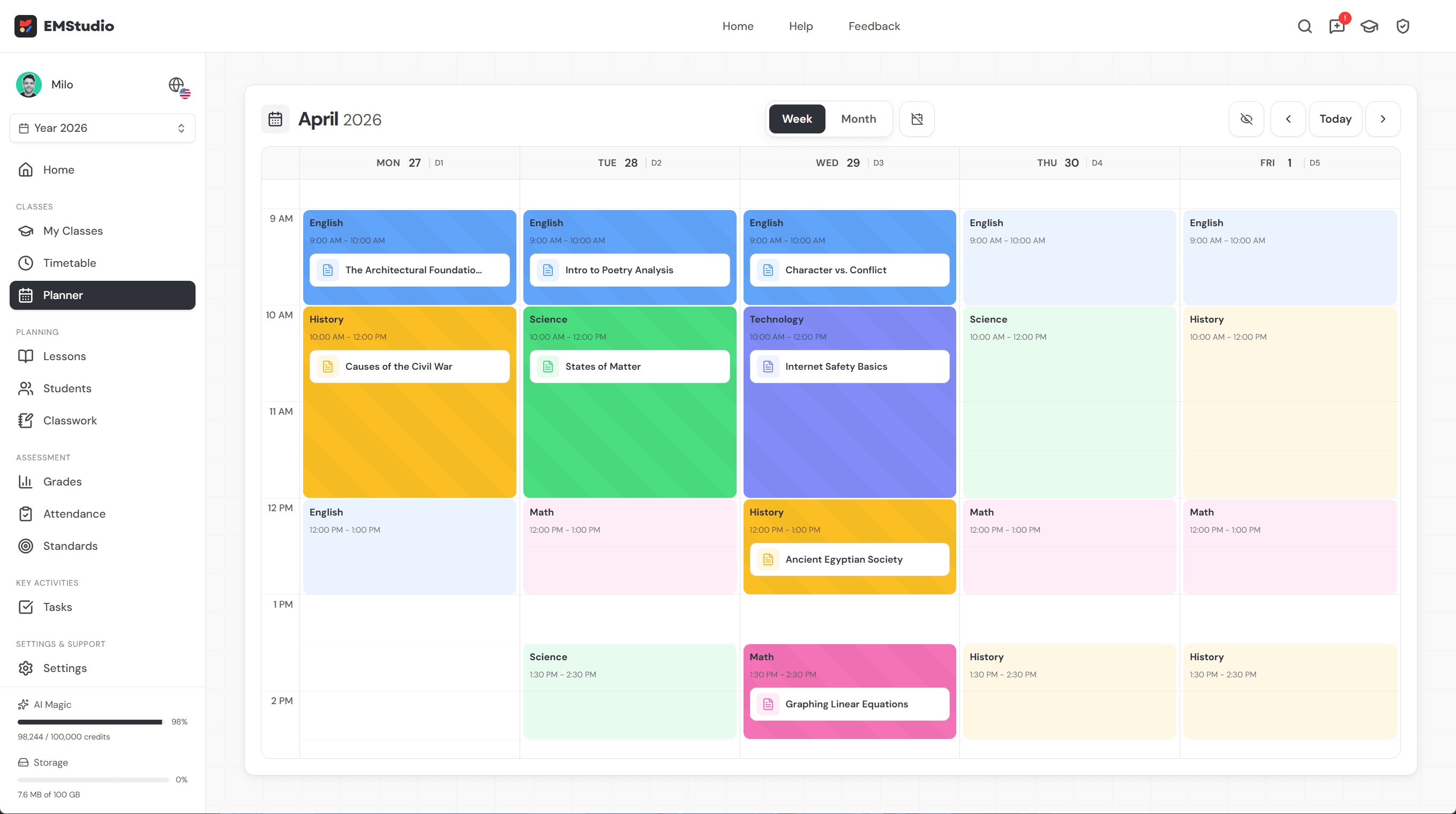 EMStudio online lesson planner showing the lesson editor, monthly planning calendar, standards tagging, and AI chat sidebar