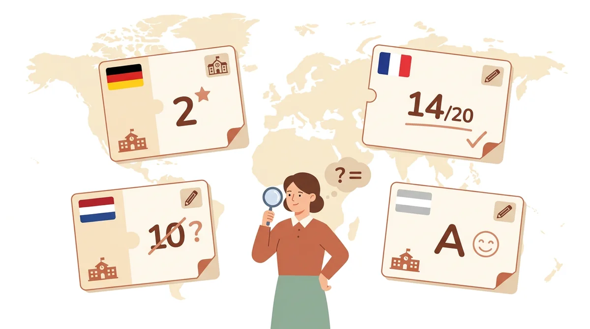 A teacher with a magnifying glass compares report cards from Germany, France and the Netherlands over a world map
