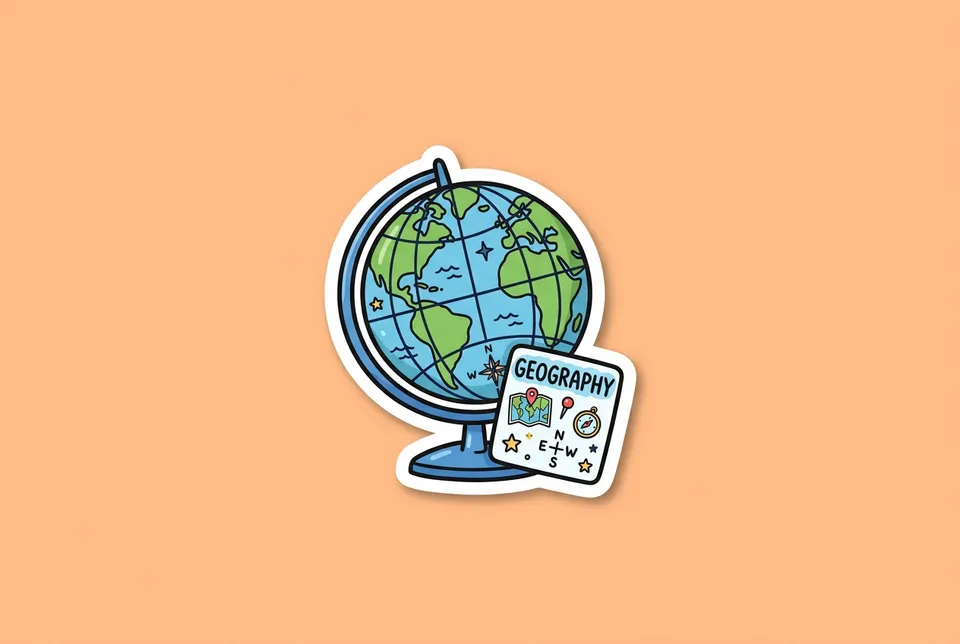 Around the World: a sticker of a small globe with a flash card tucked against it
