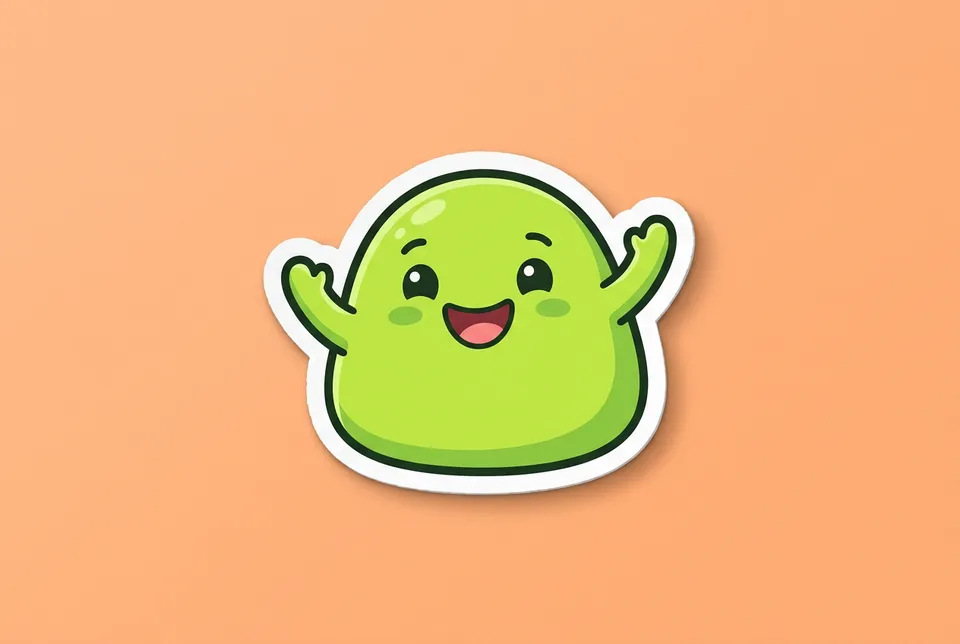 Blob Tag: a sticker of a smiling green blob with little waving arms