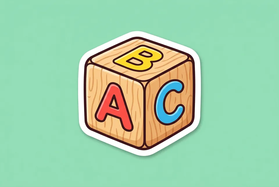 Boggle: a sticker of a wooden letter cube with letters on its faces