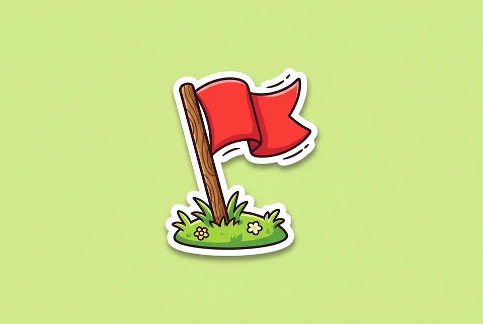 Capture the Flag: a sticker of a red flag on a short wooden pole planted in a tuft of grass