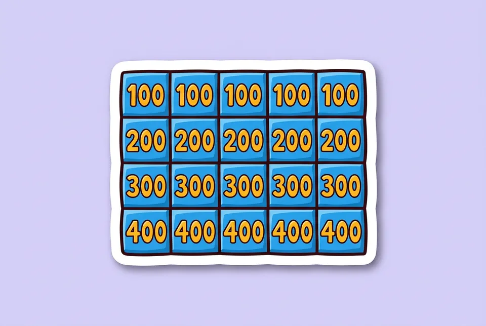 Classroom Jeopardy: a sticker of a game show board of blue squares showing point values
