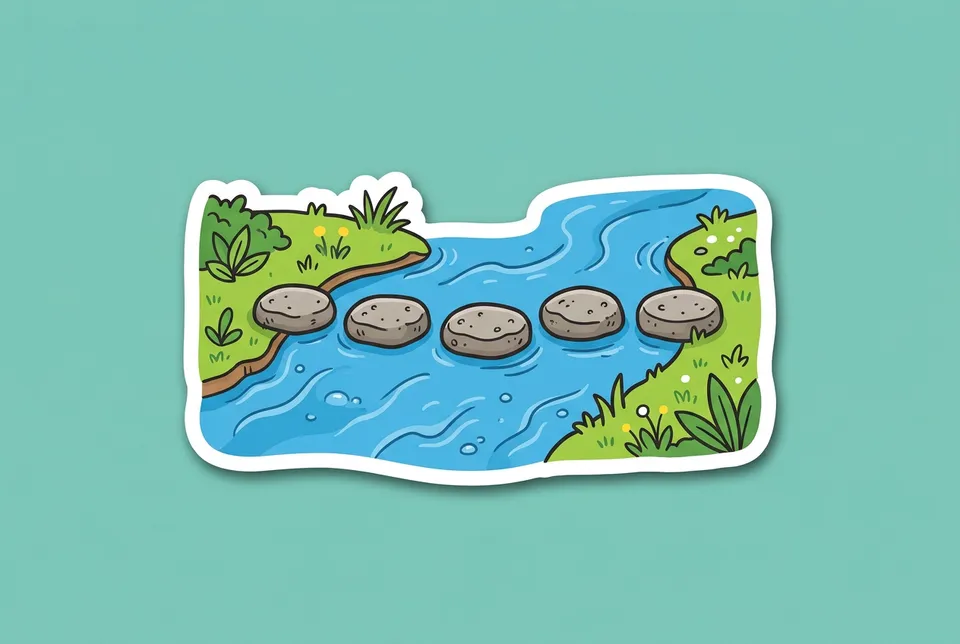 Cross the River: a sticker of a row of round stepping stones across a blue river