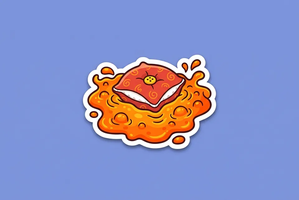 The Floor Is Lava: a sticker of a small cushion floating on bubbling orange lava