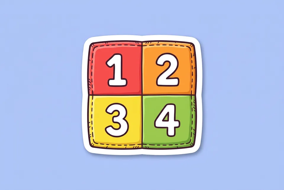 Four Corners: a sticker of a square play mat split into four bright colored squares numbered 1, 2, 3 and 4
