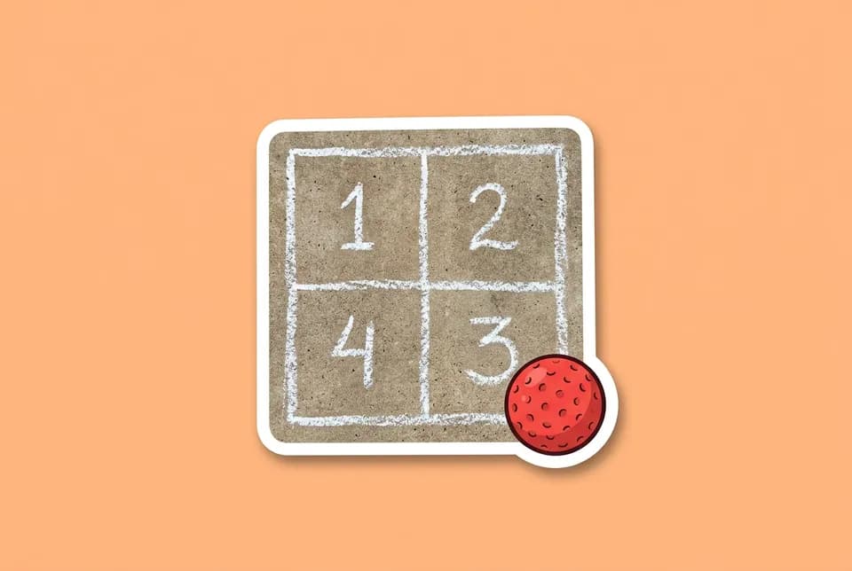 Four Square: a sticker of a chalk-drawn square court split into four numbered squares with a red playground ball
