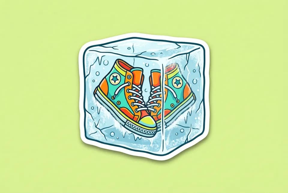 Freeze Tag: a sticker of a pair of sneakers frozen inside a block of ice