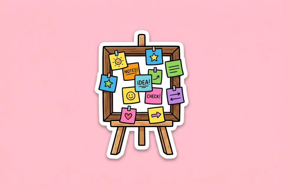 Gallery Walk: a sticker of a picture frame on an easel with colorful sticky notes on it