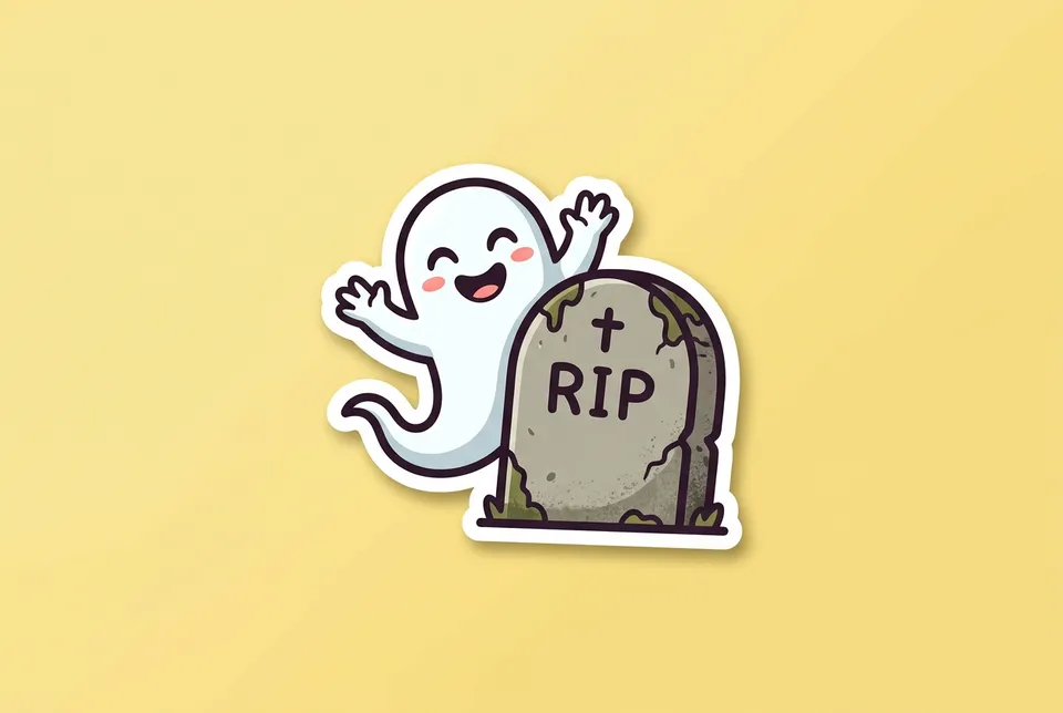 Ghost in the Graveyard: a sticker of a friendly cartoon ghost peeking out from behind a small rounded tombstone