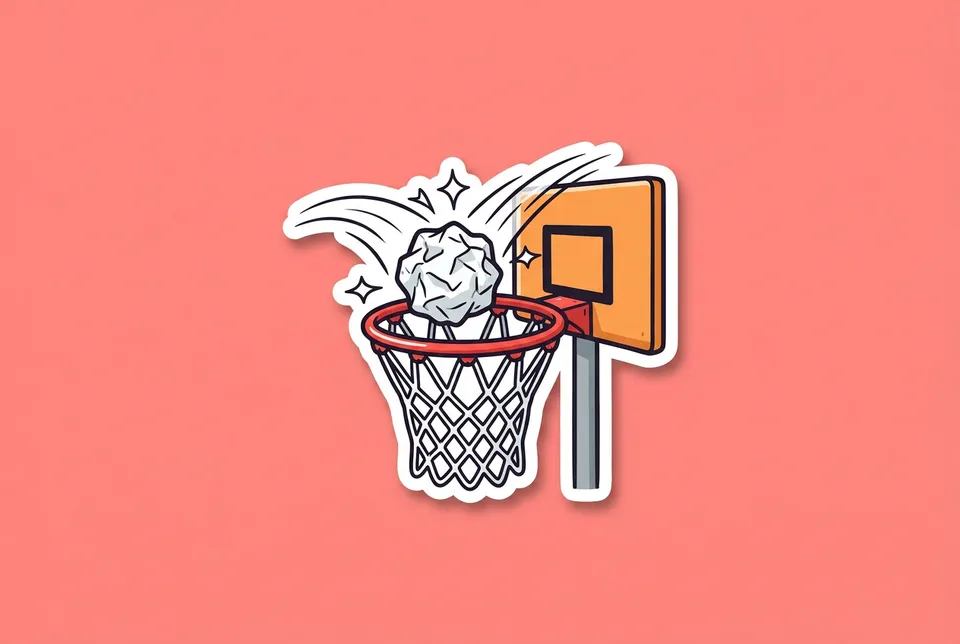Grudgeball: a sticker of a crumpled paper ball swooshing through a small basketball hoop