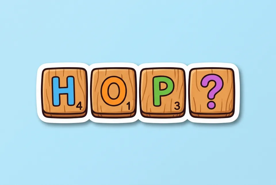 Hangman: a sticker of a row of three wooden letter tiles and one blank tile with a question mark