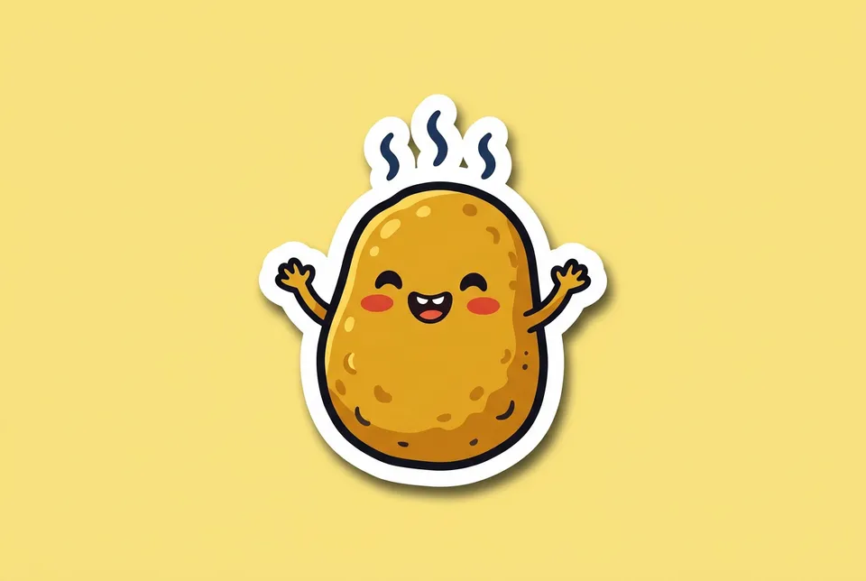 Hot Potato: a sticker of a cartoon potato that is too hot to hold, with small wavy steam lines rising off it