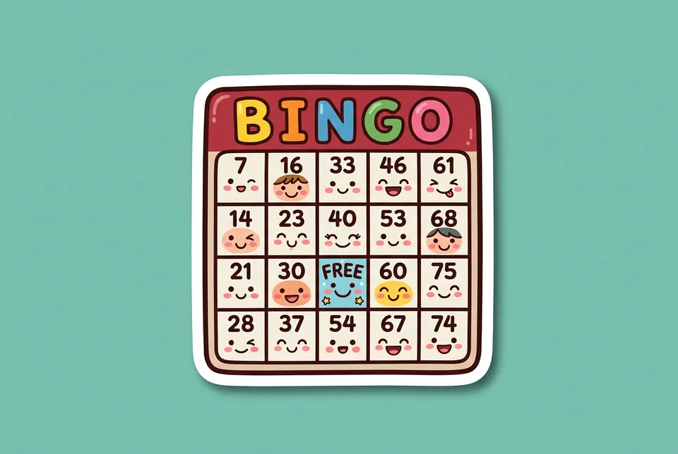 Human Bingo: a sticker of a bingo card with tiny smiling faces in the squares