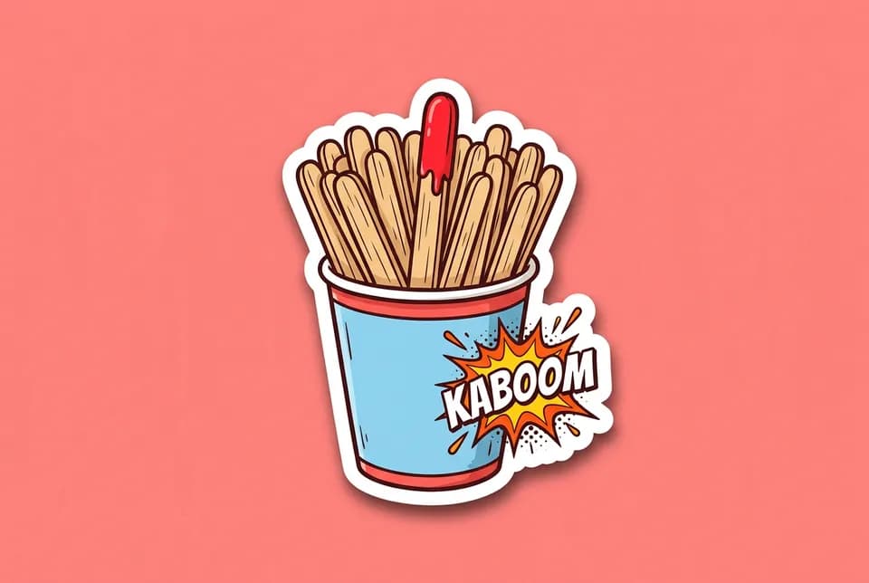 Kaboom: a sticker of a paper cup full of wooden craft sticks, one stick tipped bright red, with a small comic-book burst that says KABOOM