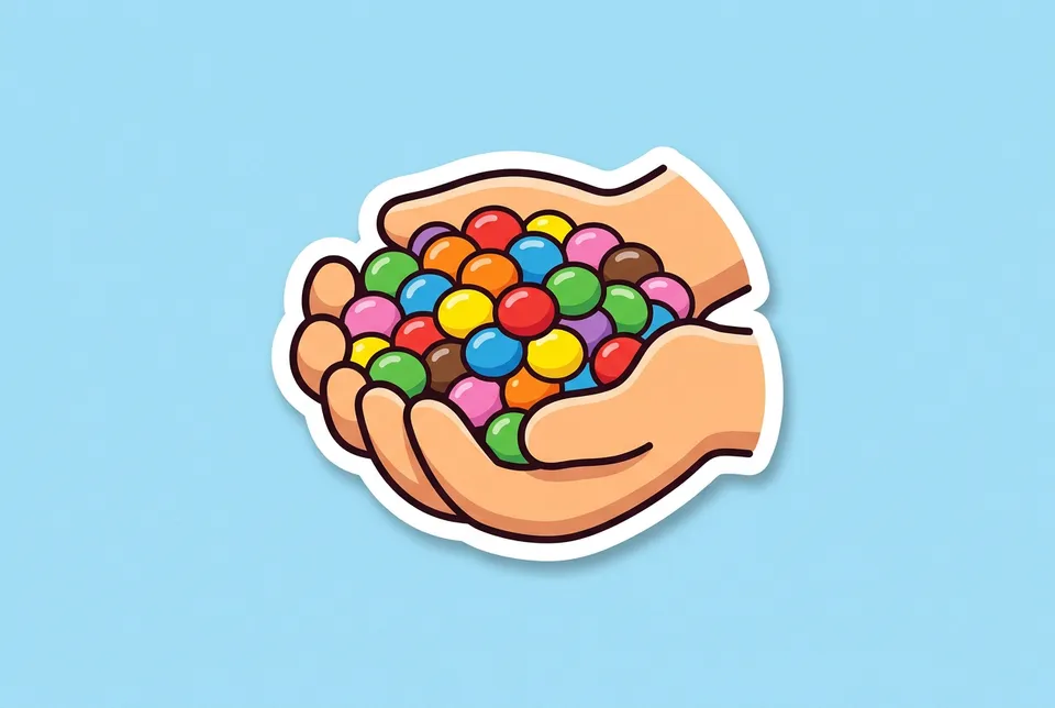 The M&M Game: a sticker of a handful of colorful round candy-coated chocolates