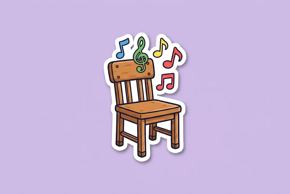 Musical Chairs: a sticker of a wooden classroom chair with a few music notes floating above the seat