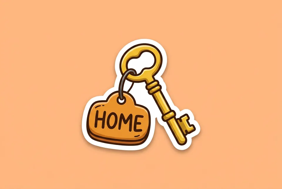 Password: a sticker of a key with a word tag hanging from it