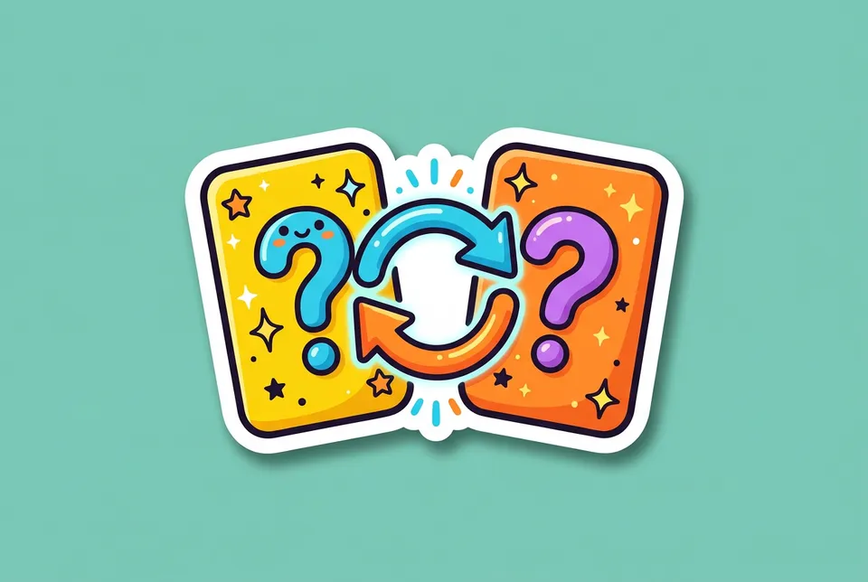 Quiz Quiz Trade: a sticker of a pair of question cards with circular swap arrows between them