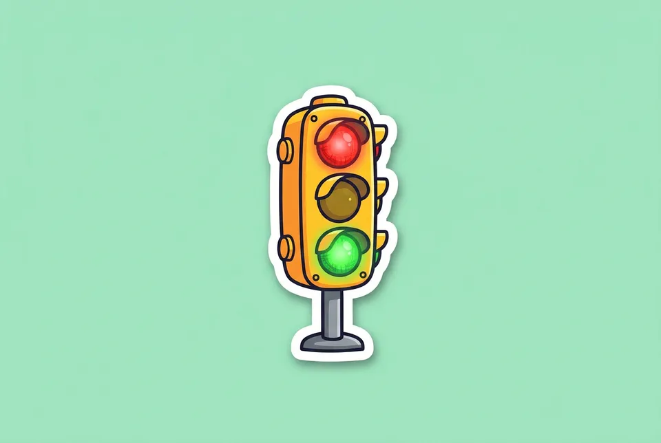 Red Light, Green Light: a sticker of a traffic light with its red and green lamps both glowing