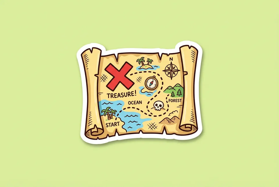 Scavenger Hunt: a sticker of a treasure map with a red X