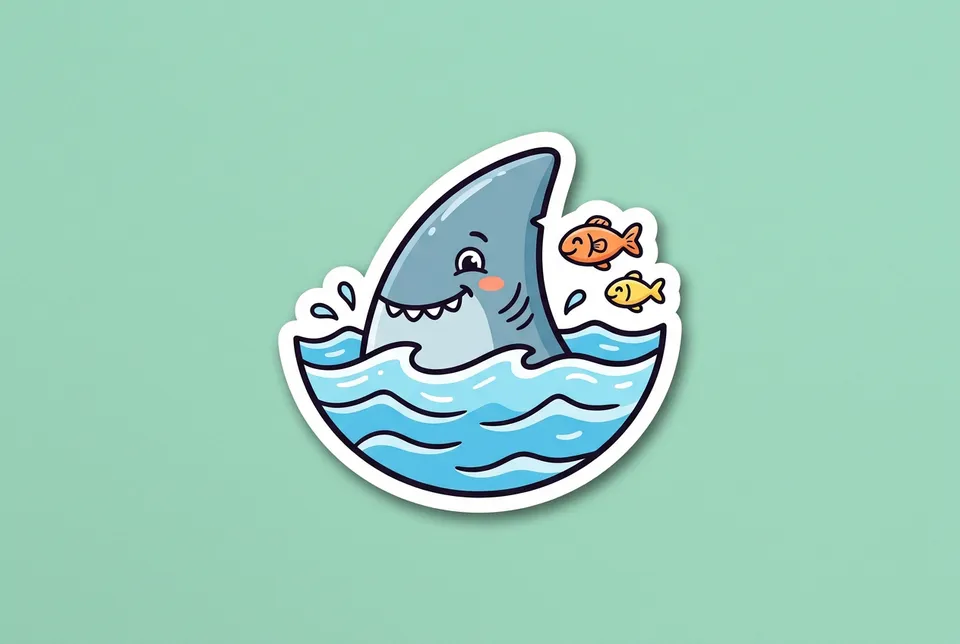 Sharks and Minnows: a sticker of a smiling cartoon shark fin poking out of blue water next to two tiny fish