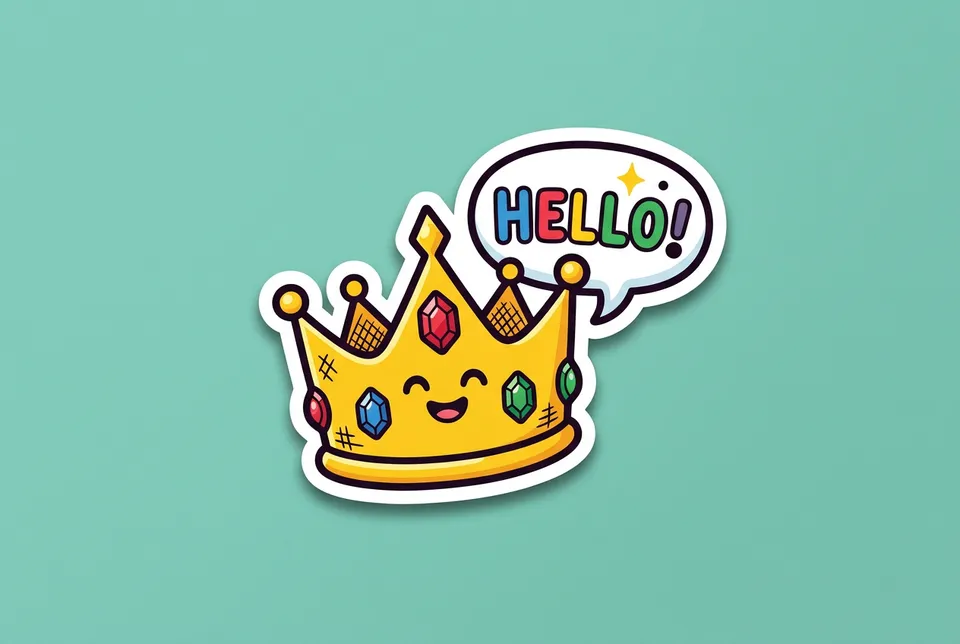 Simon Says: a sticker of a gold crown with a speech bubble