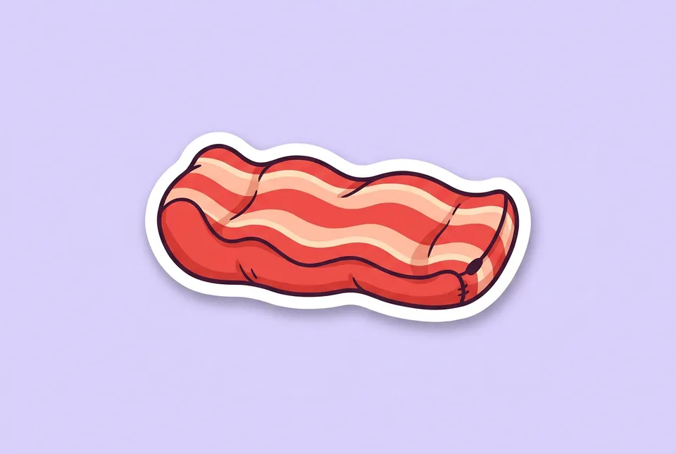 Steal the Bacon: a sticker of a beanbag shaped like a strip of bacon