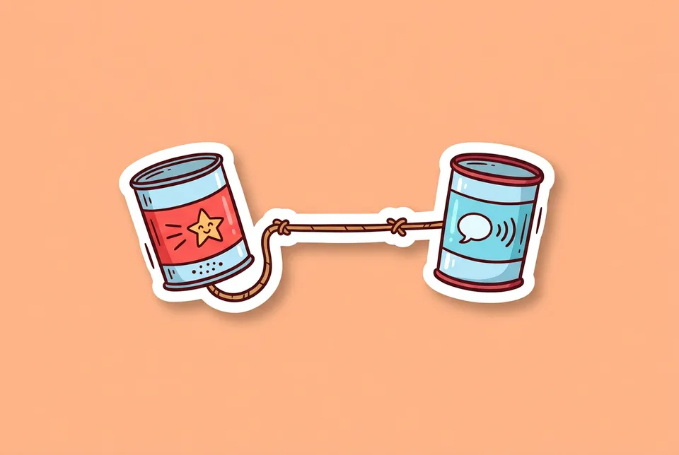 Telephone: a sticker of a pair of tin-can telephones joined by a taut string