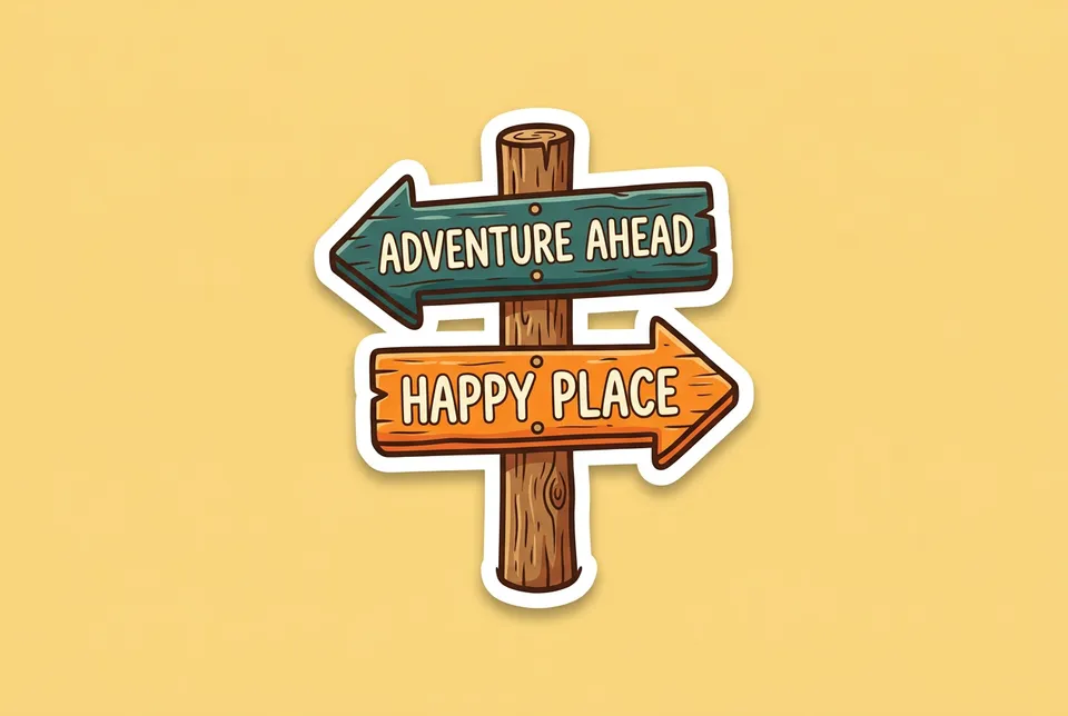 This or That: a sticker of a wooden signpost with two arrows pointing in opposite directions