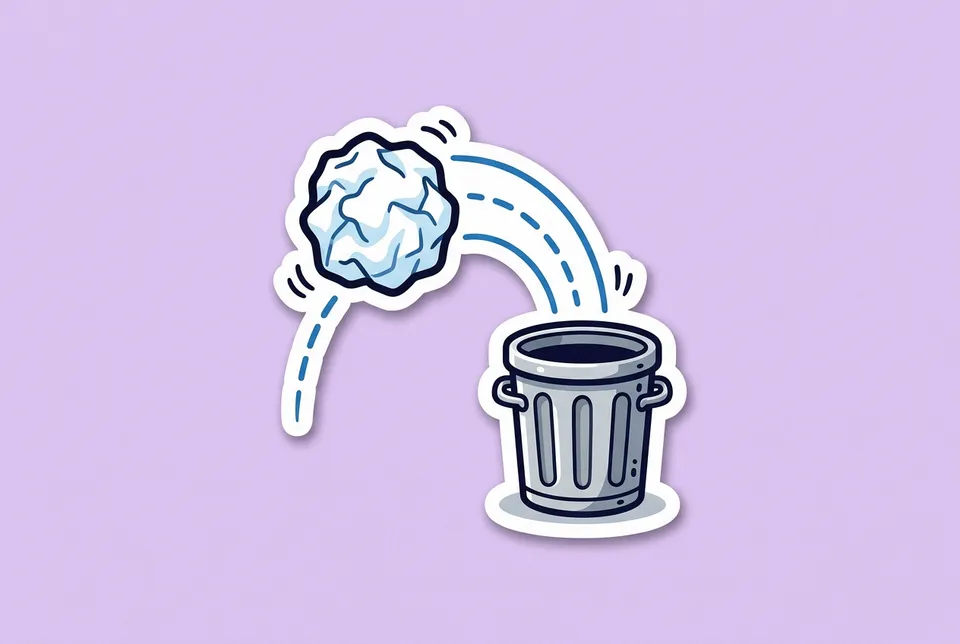 Trashketball: a sticker of a crumpled paper ball arcing into a small trash can