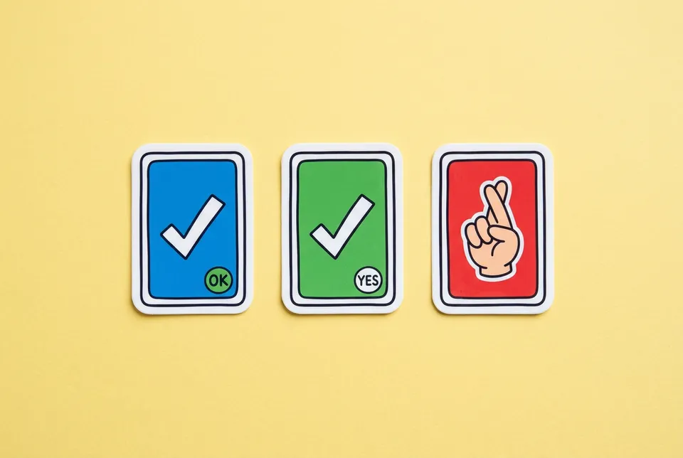Two Truths and a Lie: a sticker of a row of three cards, two with check marks and one with crossed fingers