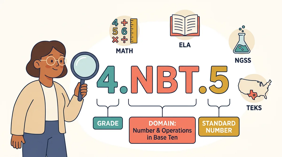 A teacher with a magnifying glass reads the code 4.NBT.5, labeled grade, domain and standard number, beside icons for math, ELA, NGSS and Texas TEKS