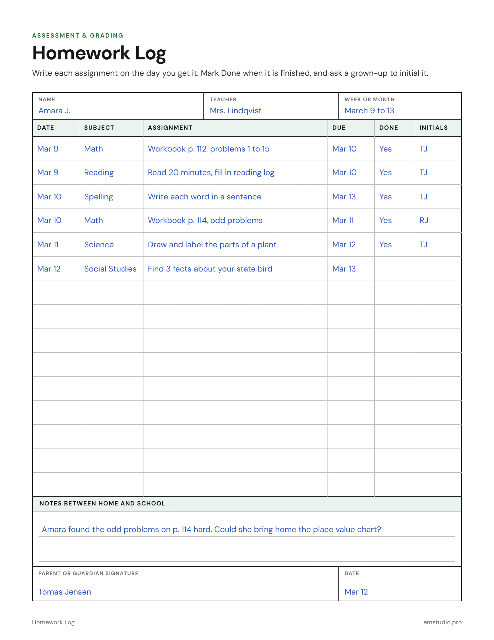 Homework log filled in by a 4th grader for one week of March: the date, subject, assignment, due date, a done mark and a parent's initials for each assignment, with a note to the teacher and a parent signature.