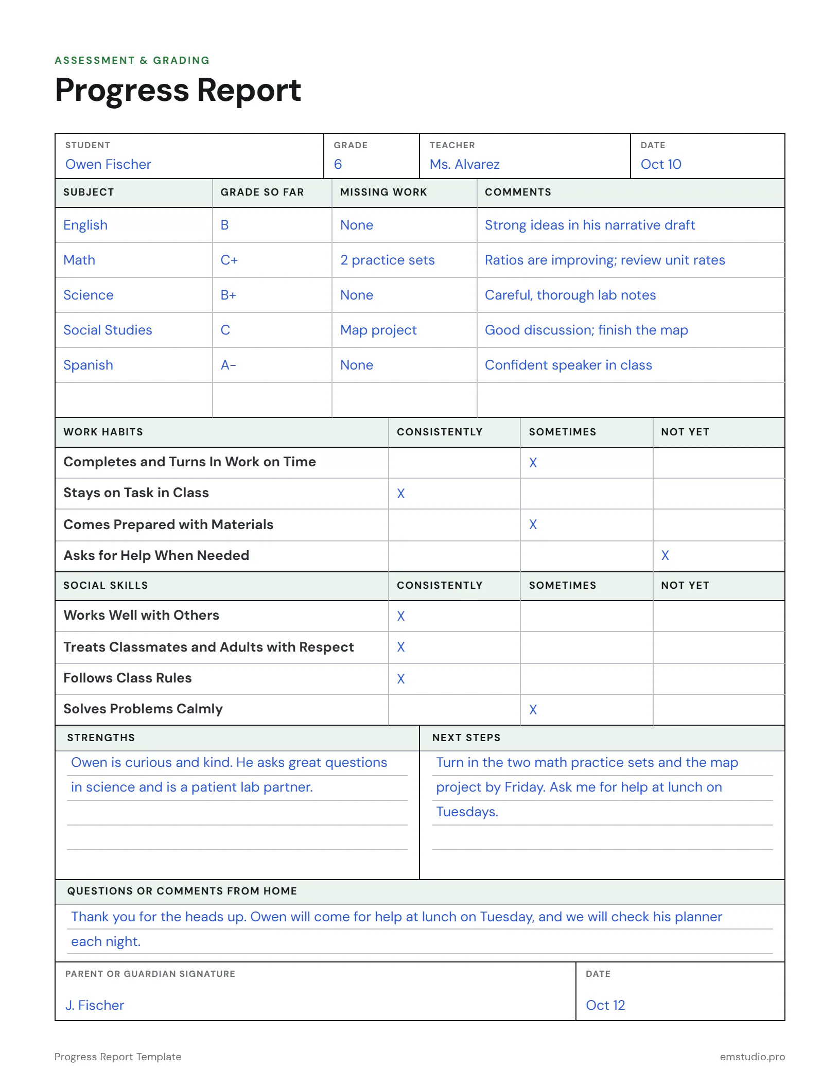 Progress report for a 6th grader at mid-quarter: the grade so far and missing work in six subjects, work habits and social skills rated consistently, sometimes or not yet, strengths, next steps, a note from home and a parent signature.