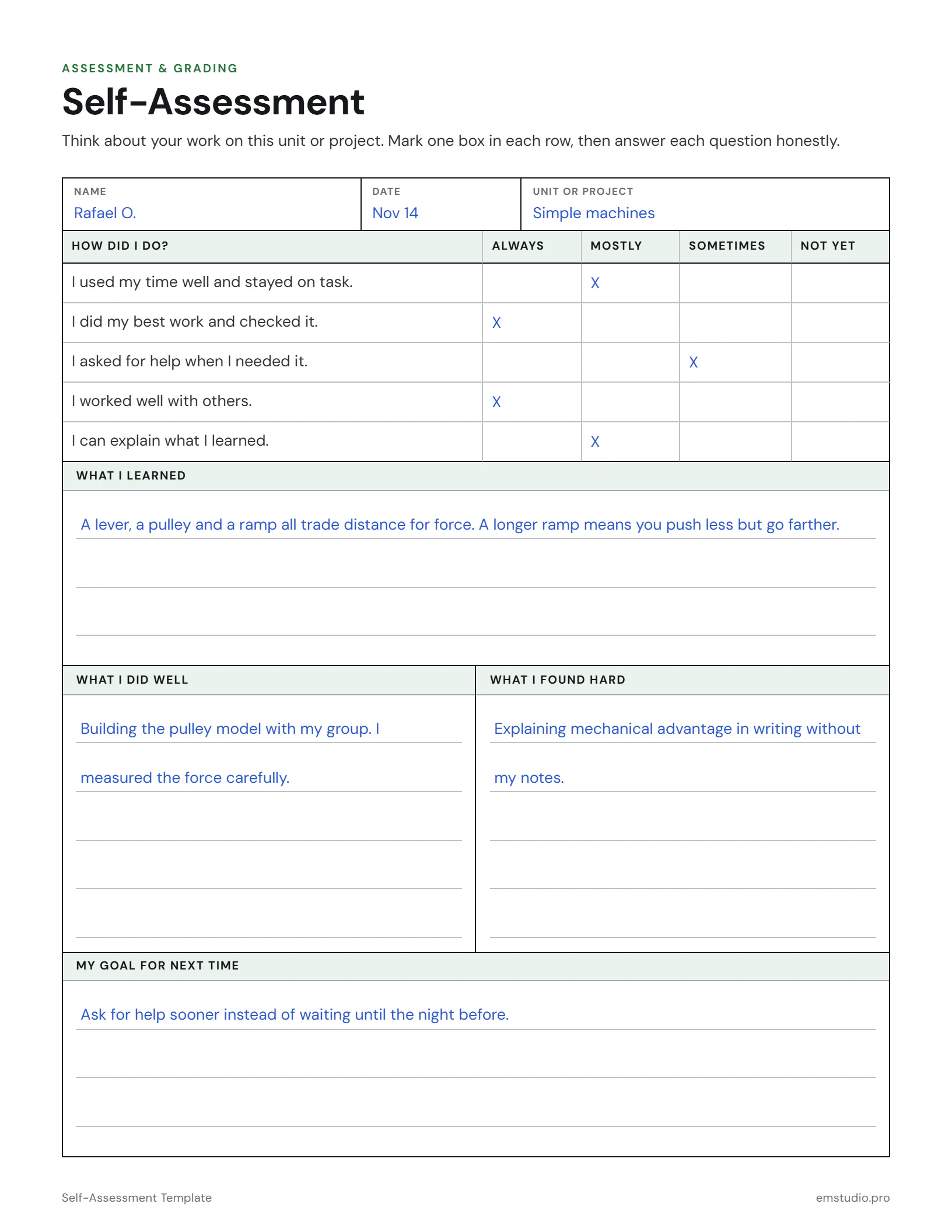 Self-assessment filled in by a 6th grader after a science unit on simple machines: five work habits rated from Always to Not Yet, then what they learned, what they did well, what they found hard and a goal for next time.