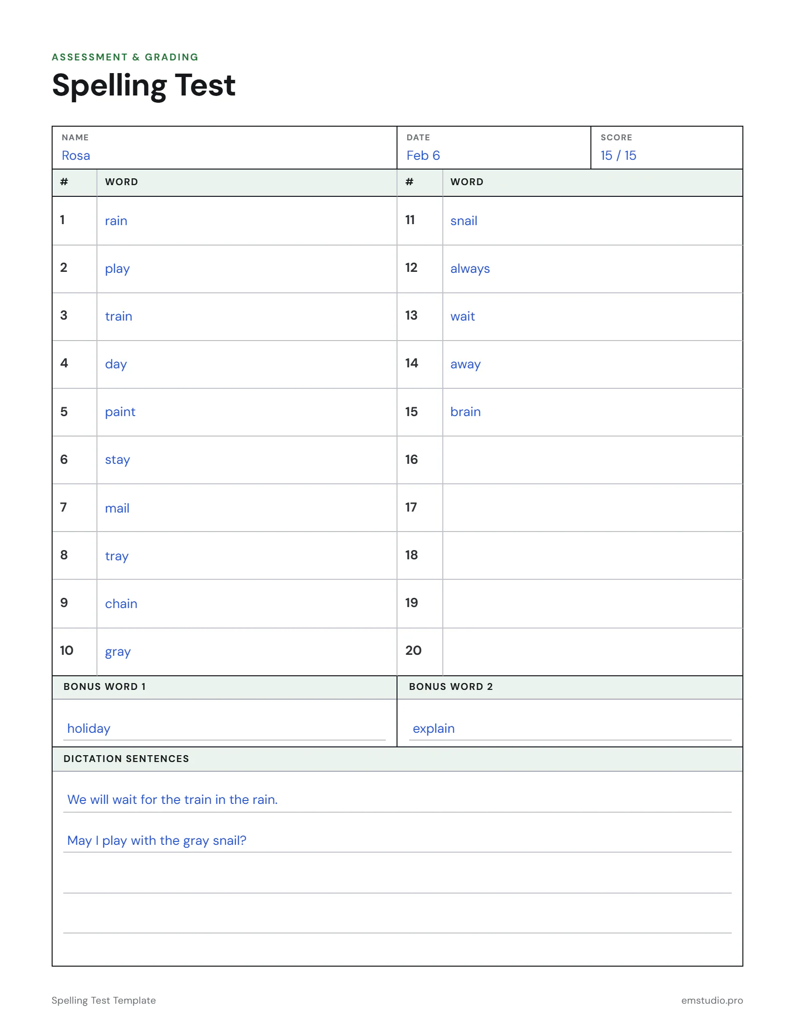 Spelling test filled in by a 2nd grader: fifteen long a words spelled with ai and ay, from rain to always, two bonus words and two dictation sentences, scored 15 out of 15.
