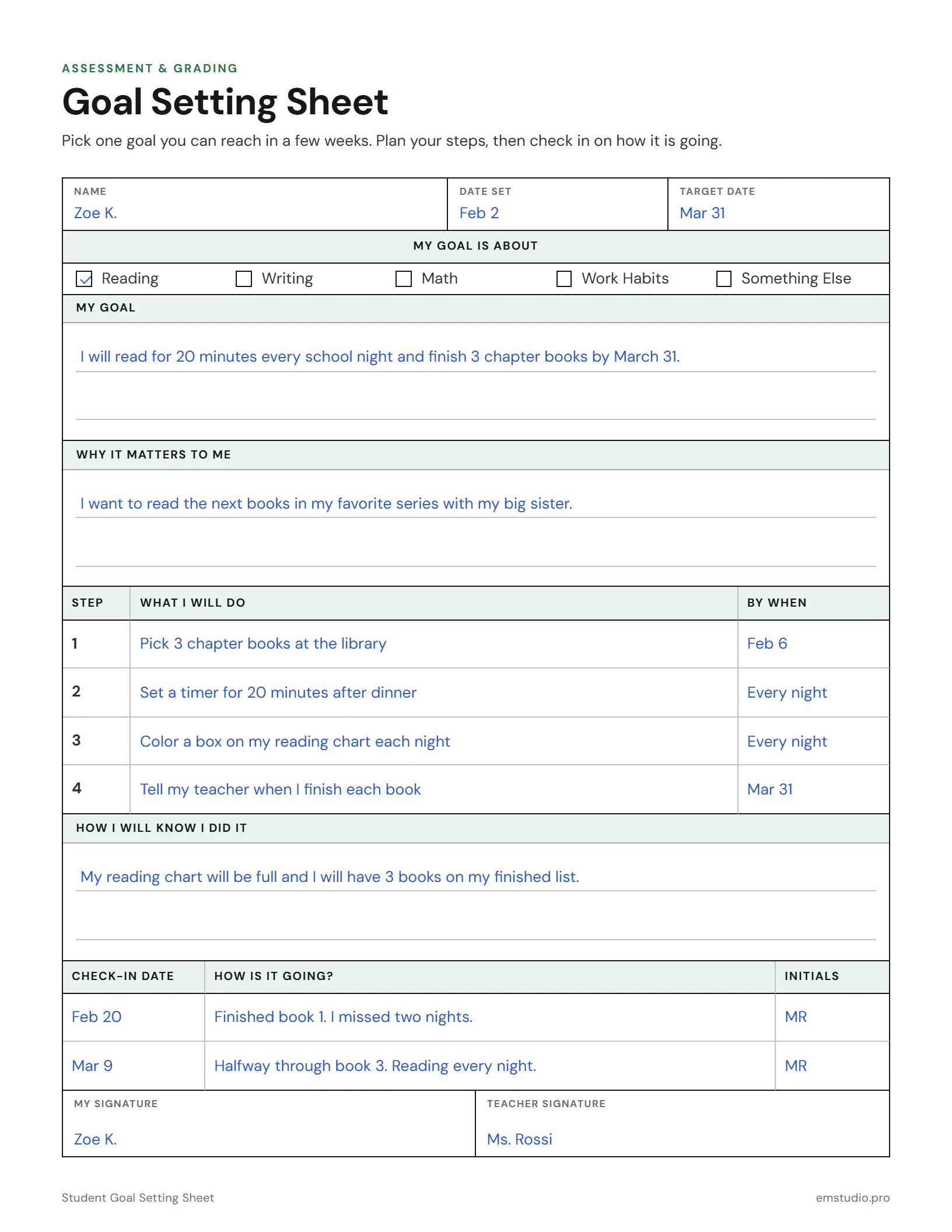 Goal setting sheet filled in by a 3rd grader with a reading goal: read 20 minutes every school night and finish three chapter books by March 31, why it matters, four dated steps, how they will know, and two check-ins.