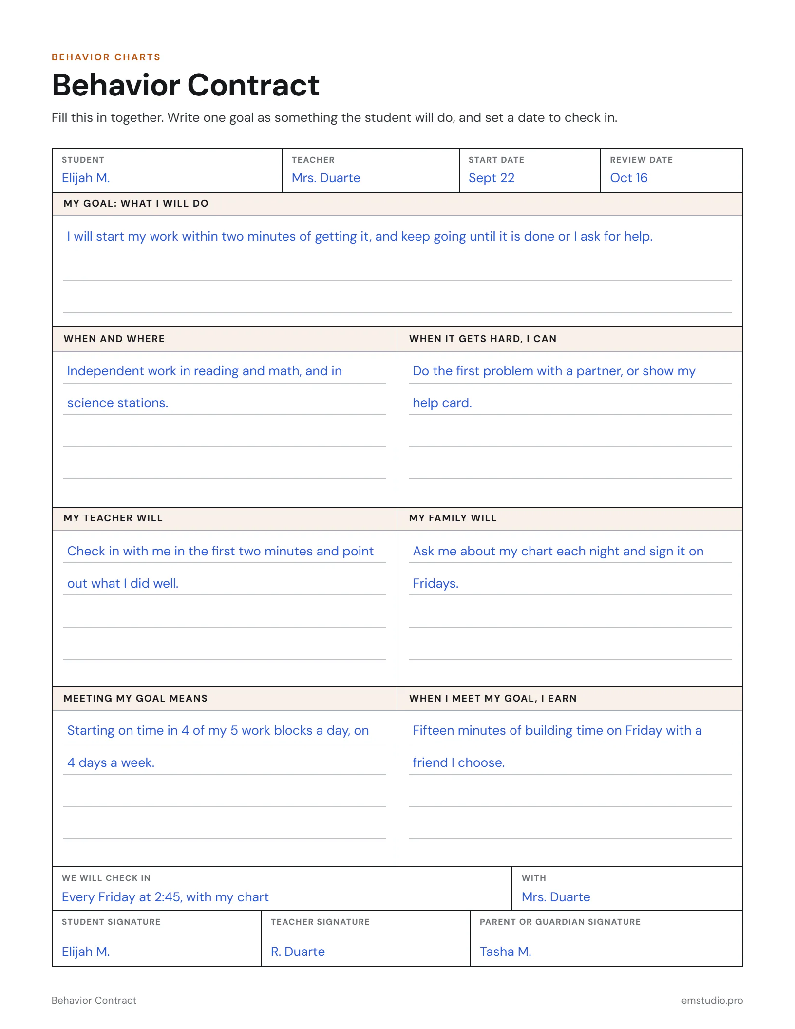 Behavior contract for a 5th grader: his goal of starting work within two minutes, when it matters, what he can do when it gets hard, what his teacher and family will do, the reward for meeting the goal on four of five days, the weekly check-in and three signatures.
