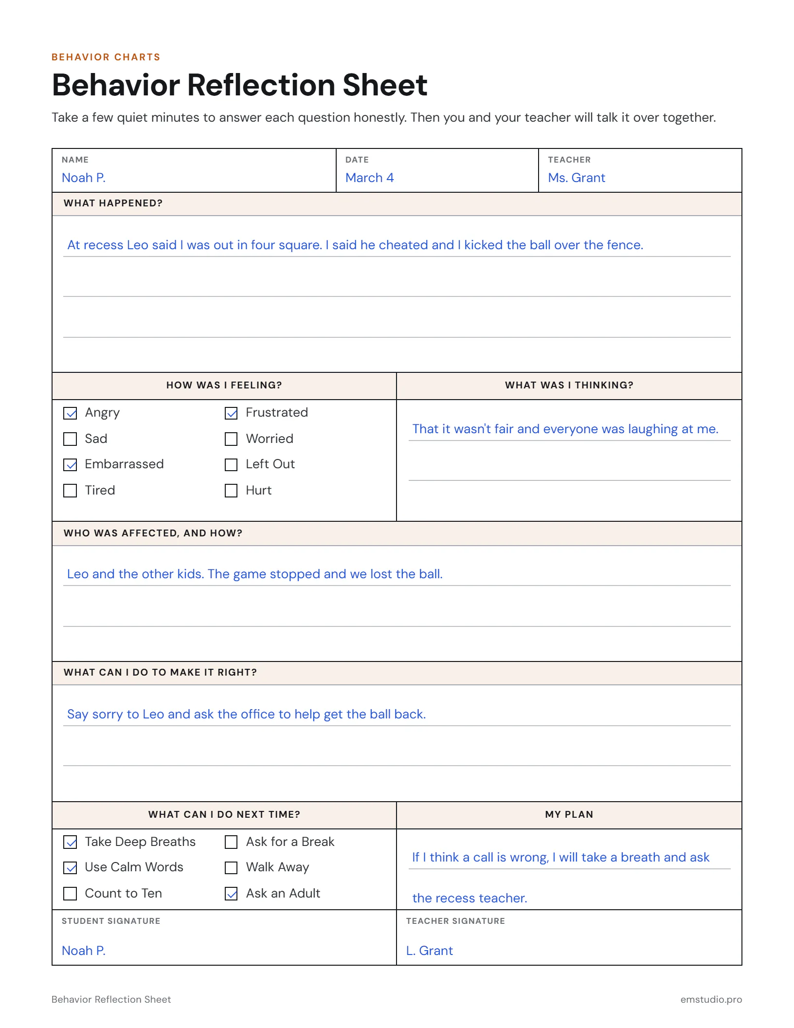 Behavior reflection sheet filled in by a 4th grader after a recess argument: what happened, the feelings he ticked, what he was thinking, who was affected, how he will make it right, the calm-down choices he picked and his plan, signed by him and his teacher.