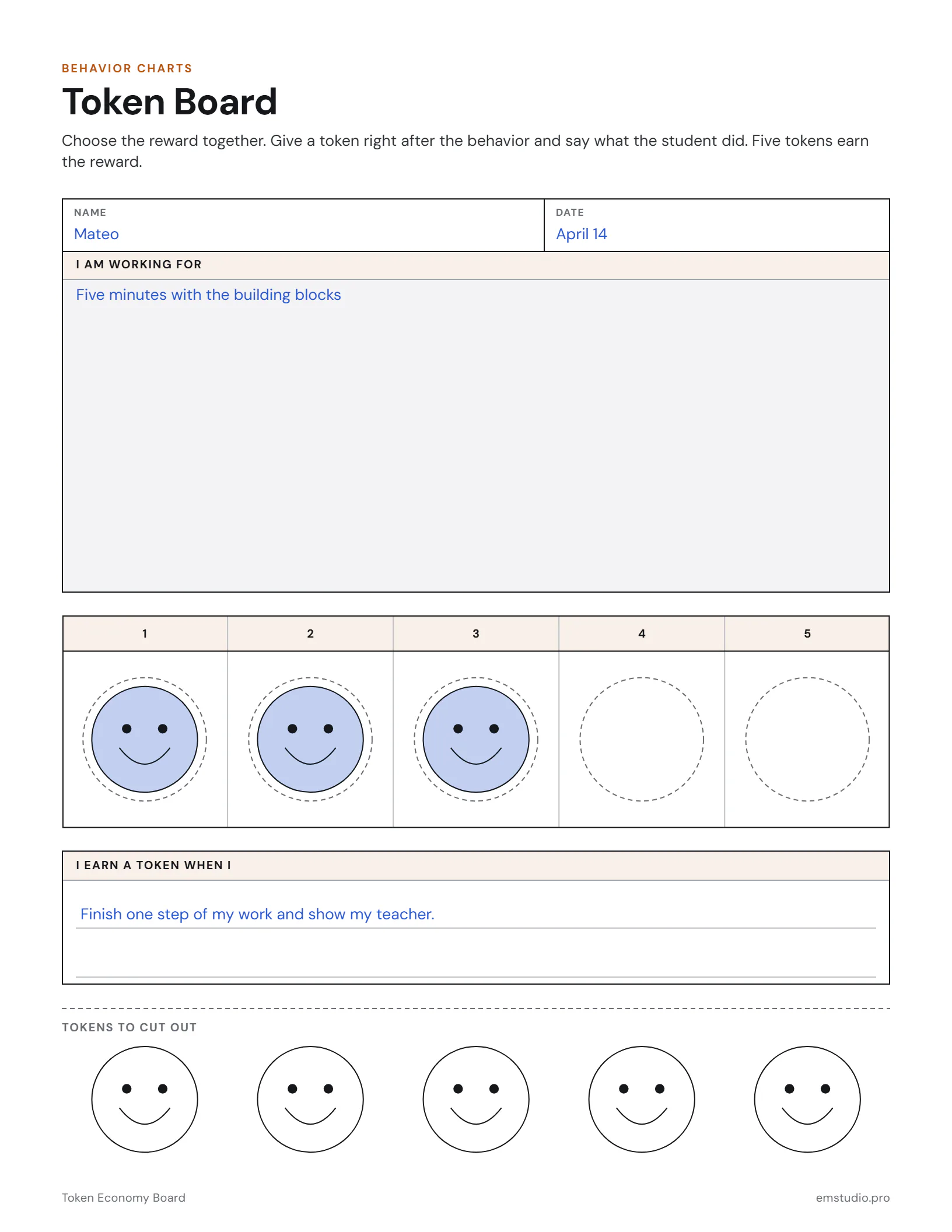 Token board for a kindergartner working for five minutes with the building blocks: three of five token spaces filled with smiling tokens, and the behavior that earns a token, finishing a step of his work.