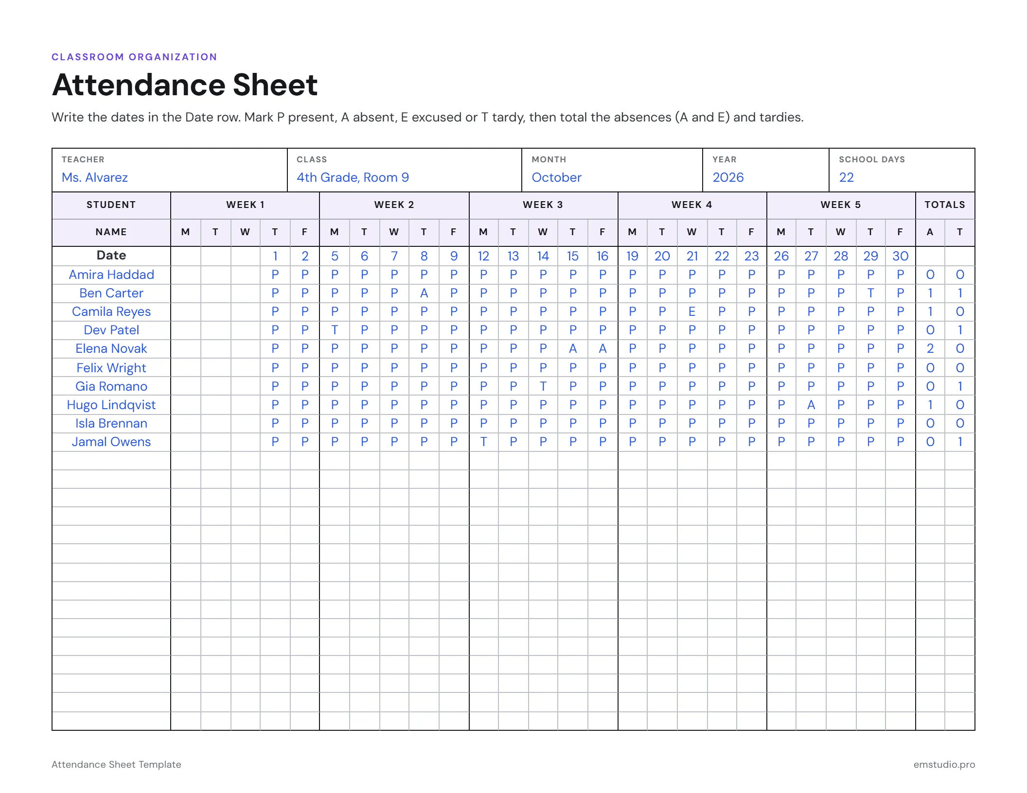 Monthly attendance sheet for October filled in for a 4th grade class: the dates written under each weekday, a P, A, T or E for every student on every school day, and each student's totals at the end of the row.