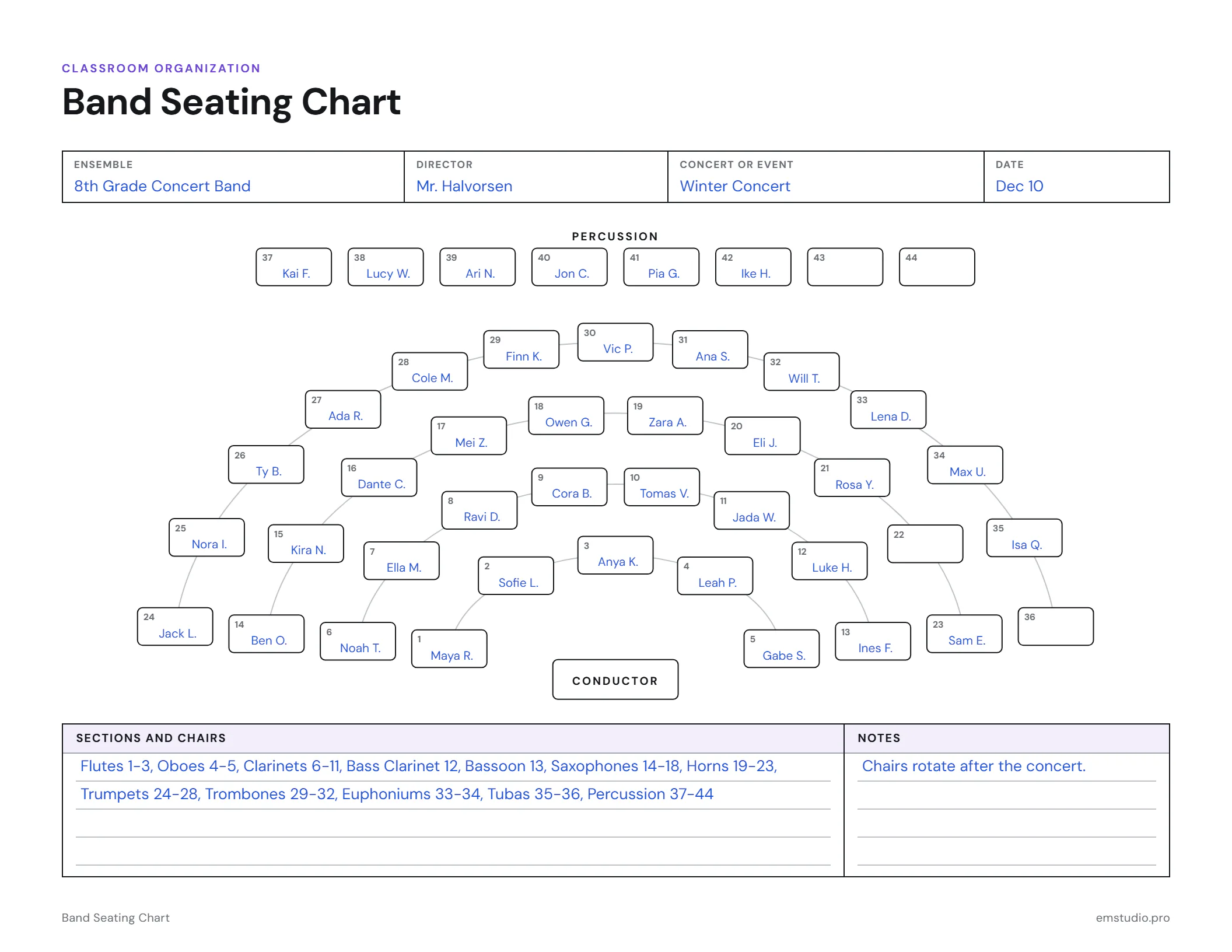 Band seating chart for an 8th grade concert band: forty-four numbered chairs in four curved rows around the conductor and a percussion row at the back, most with a student's name, and the chair numbers for each section listed underneath.