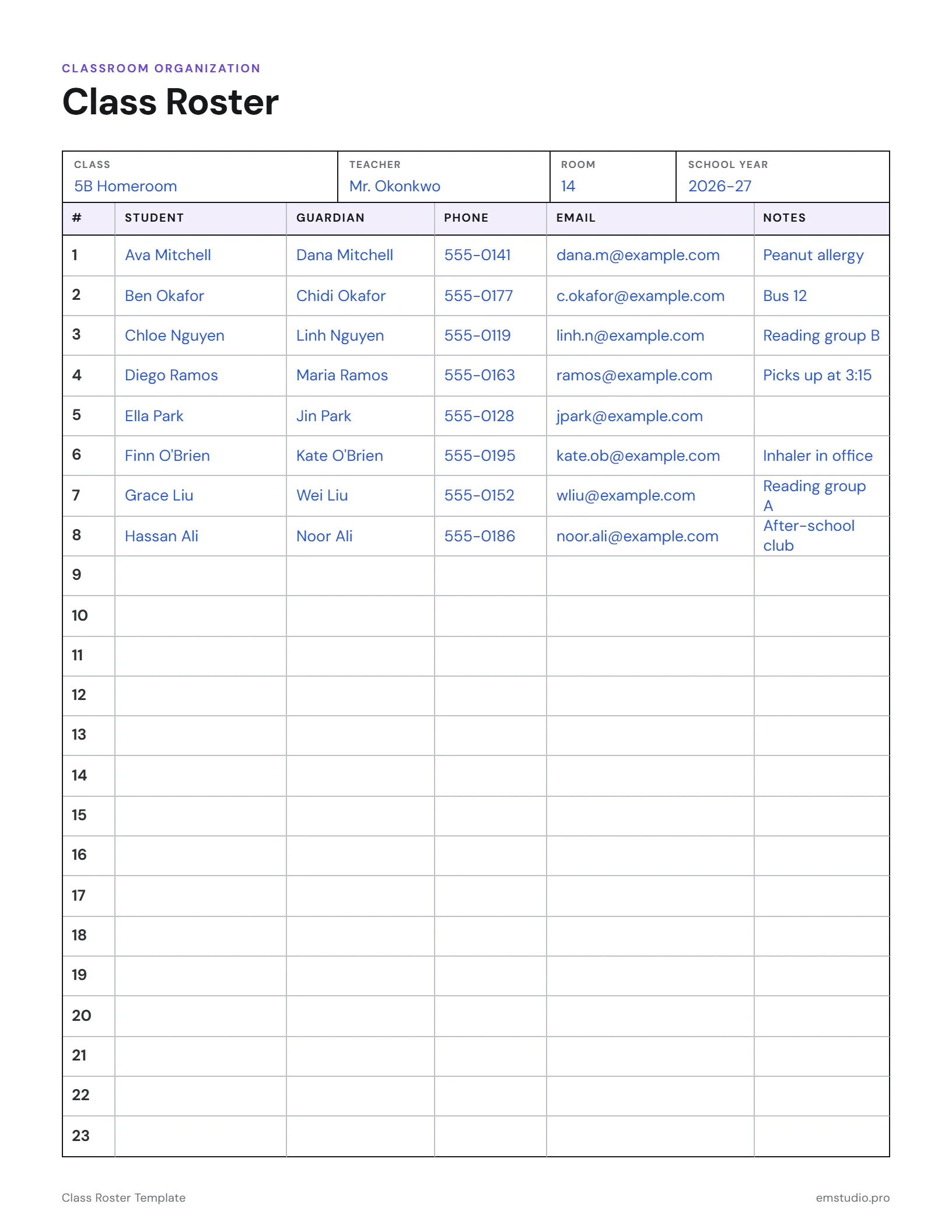 Example class roster for a 5th grade homeroom: numbered rows with each student's name, guardian, phone, email and a notes column, the first eight rows filled in.