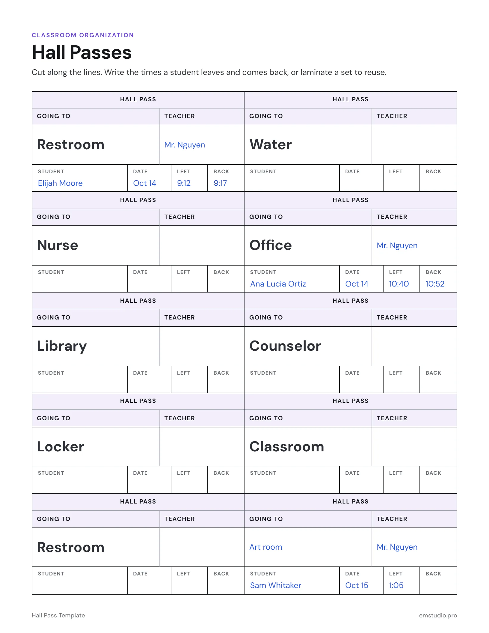 Ten hall passes on one page for a middle school classroom, each with a destination such as Restroom, Nurse or Office in large type, three of them filled in with the teacher, student, date and the times the student left and came back.