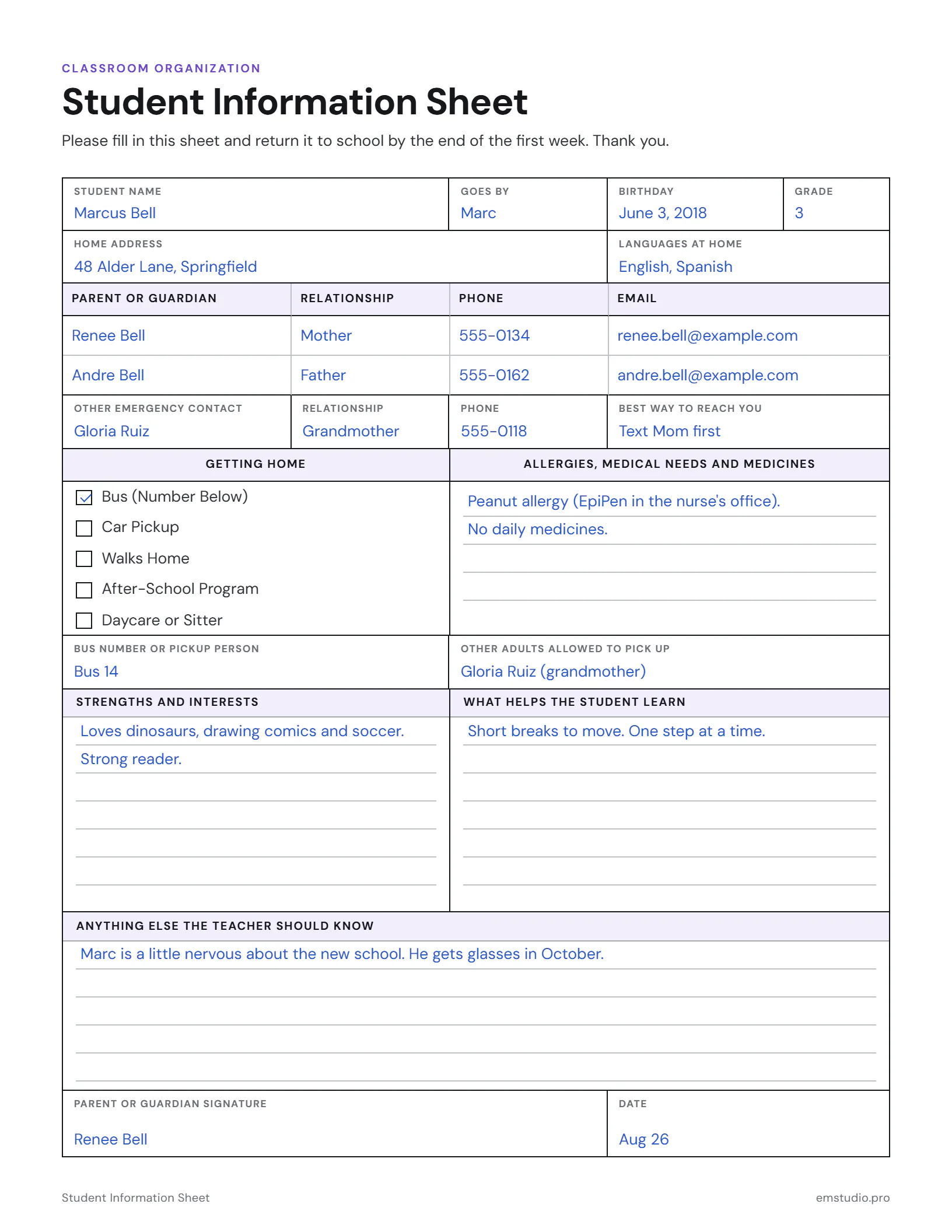Student information sheet filled in by a parent for a 3rd grader: name, birthday and languages, two guardians with phone numbers and emails, an emergency contact, a peanut allergy, the bus number for getting home, interests and what helps him learn, signed by his mother.