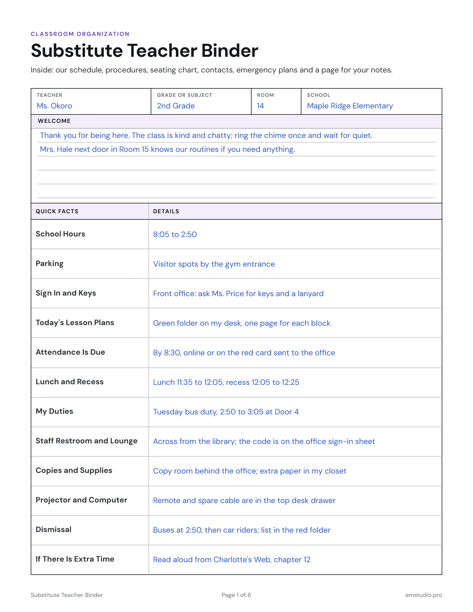 Welcome page of a substitute teacher binder for a 2nd grade classroom: the teacher's welcome note and quick facts such as school hours, where to sign in, where the lesson plans are, when attendance is due and how dismissal works.